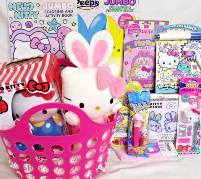 NEW HELLO KITTY PEEPS EASTER GIFT BASKET TOY LOT BOOKS BUNNY PLAY SET