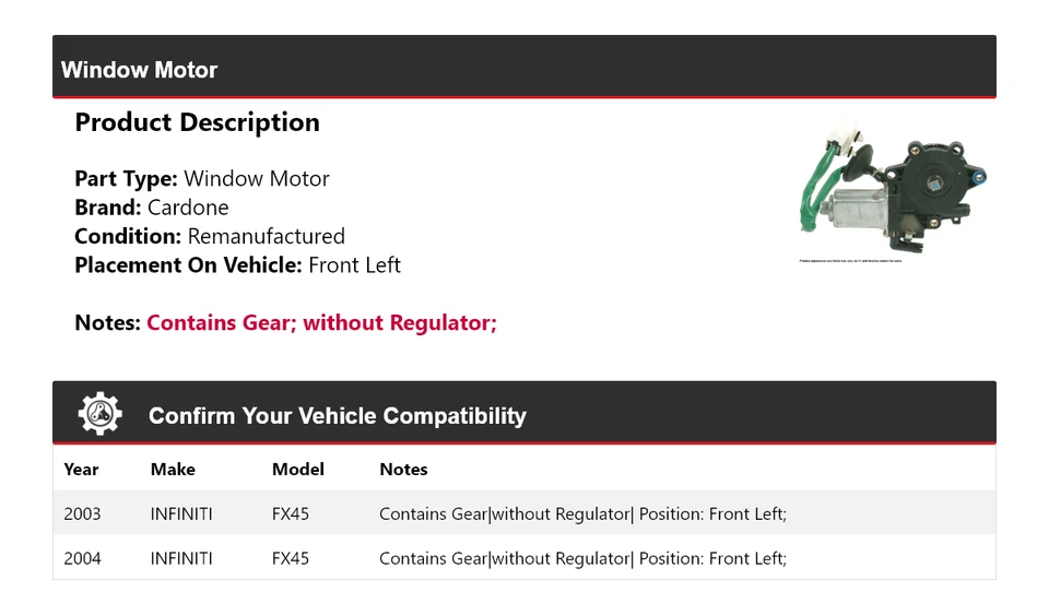 Motor ventana delantero izquierdo cardone para Infiniti FX45 2003-2004 Foto 2 de 4