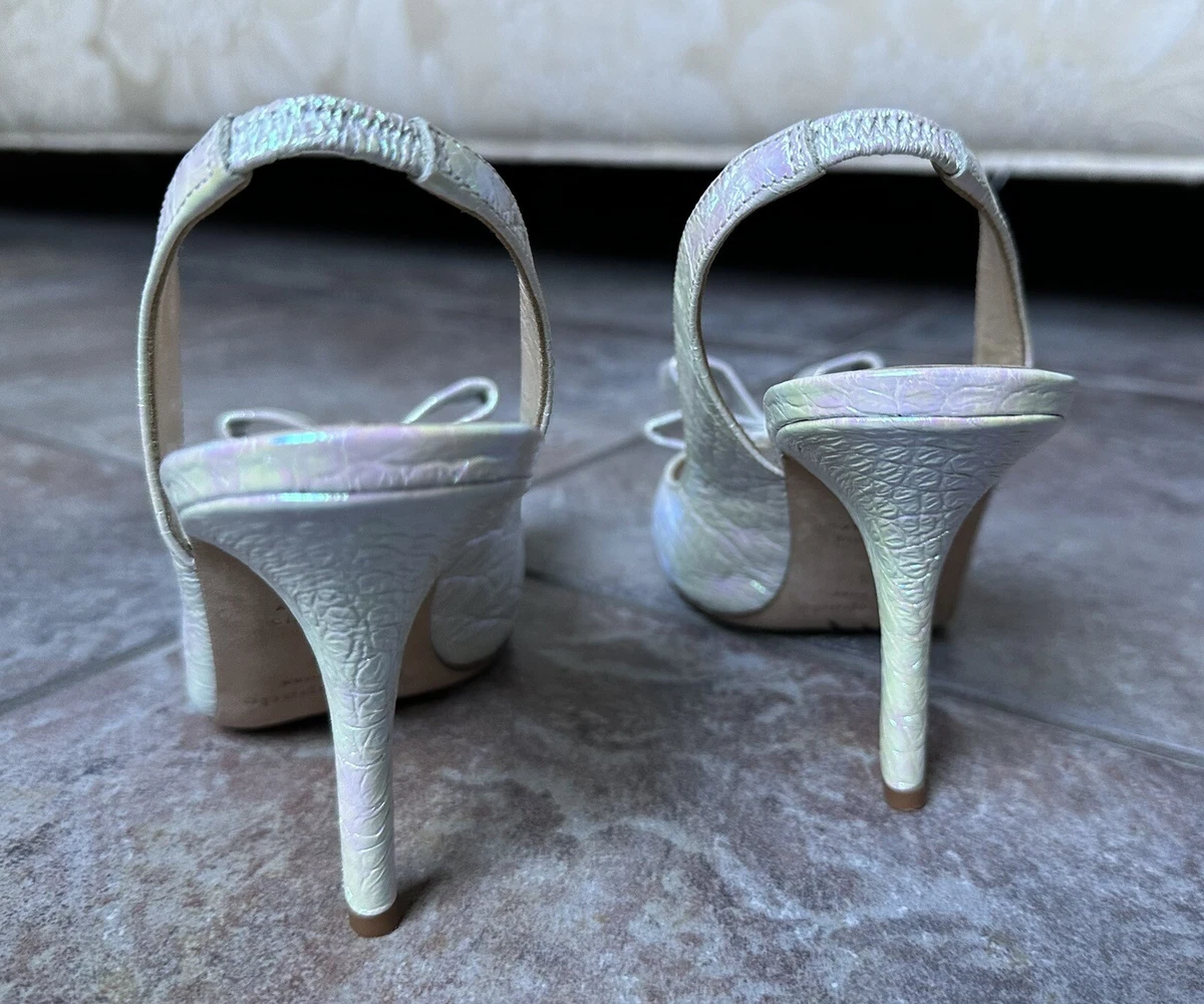 Kate Spade Charm White Iridescent Leather Glitter Bow Slingback Heels Shoes 6.5