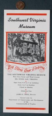 1950-60s Era Big Stone Gap Southwest Virginia Museum tourist brochure SCARCE---