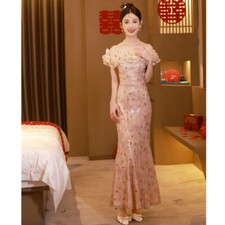 French One Shoulder Toast Bridal Dress Wedding Back FishTail Evening Dress Skirt