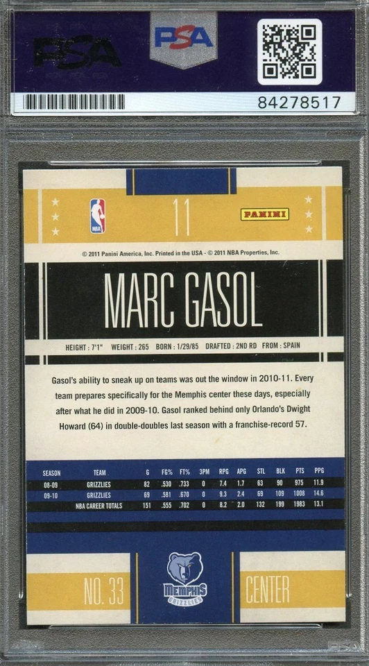 2011 Panini NBA Hoops #11 Marc Gasol Signed Card AUTO PSA Slabbed Grizzlies Foto 2 de 2