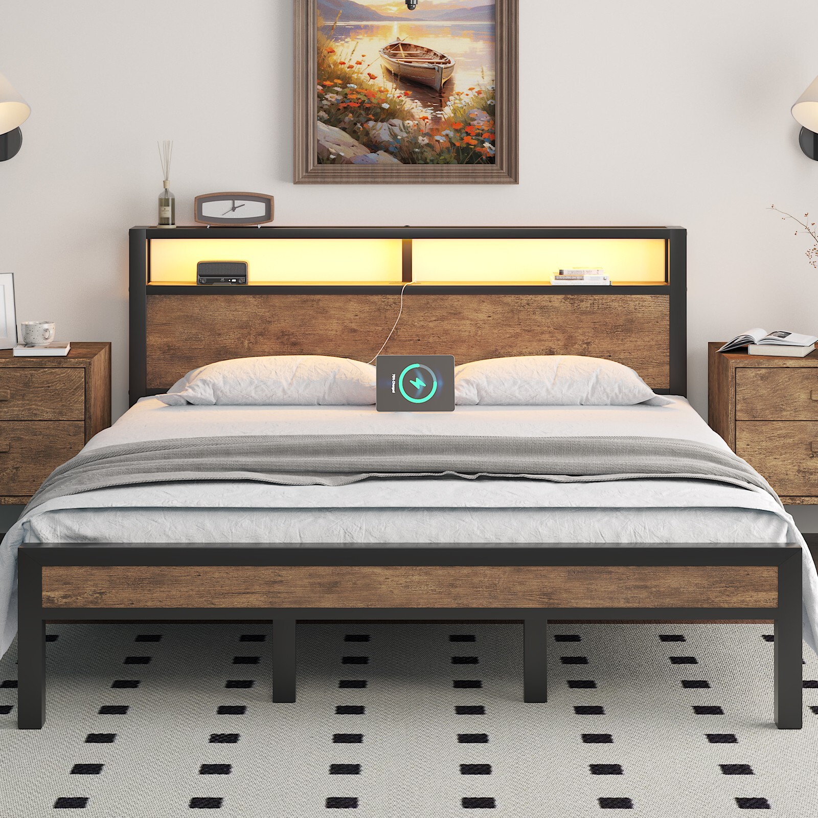 With Storage Headboard And Led Lights And Charging Station