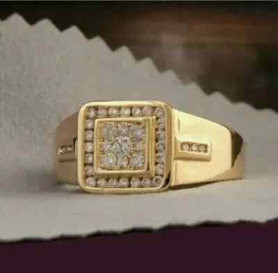  14k Yellow Gold Finish 3Ct Round Cut Simulated Diamond Men Anniversary Ring