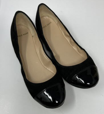 Cole Haan Cortland Cap Toe Ballet Flats Black Suede/Patent Leather Sz 