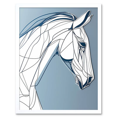 Horse Portrait White and Blue Minimal Illustration Framed Wall Art Print 9X7 In