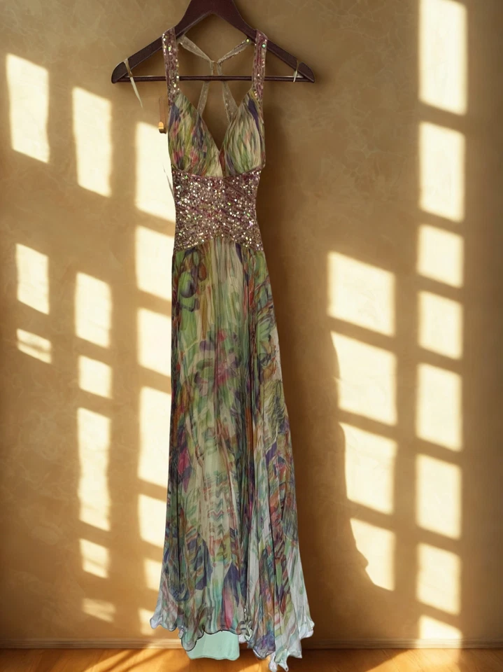 Vestido de Noche Formal Floral con Cuentas Jovani Talla 2 Seda Multicolor Fiesta de Vacaciones Foto 4 de 4