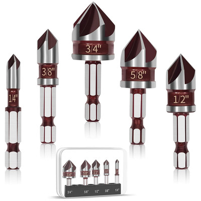 5 PCS Countersink Drill Bit Set, 82-Degree HSS, Size 1/4''-3/4'' | Premium HSS, Co