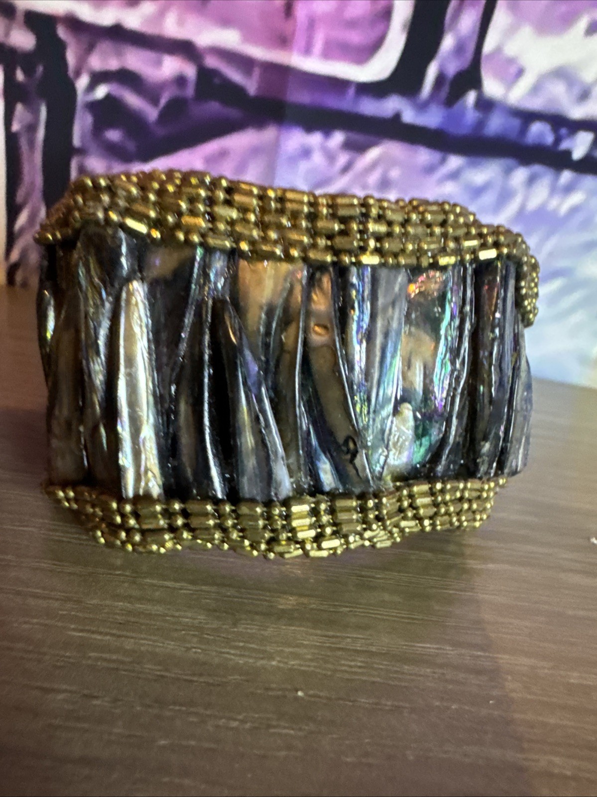 Cuff Bracelet iridescent abalone shell strips bor… - image 1