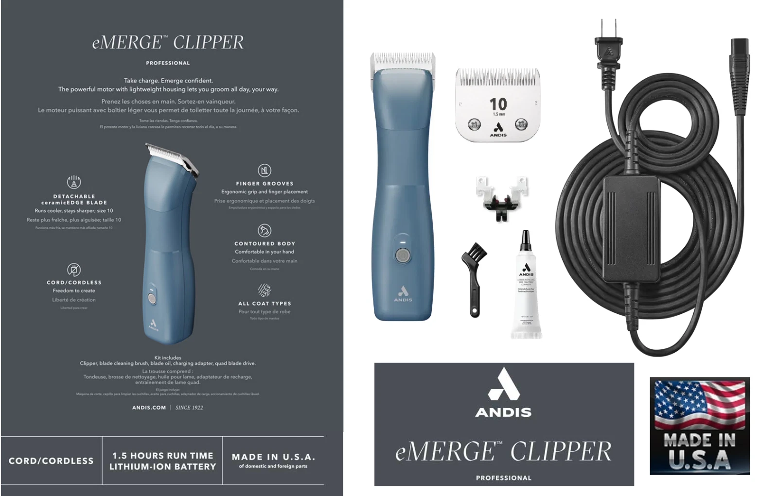 Andis eMERGE Professional CORDLESS Li Ion Pet CLIPPER KIT #10 Ceramic Edge BLADE