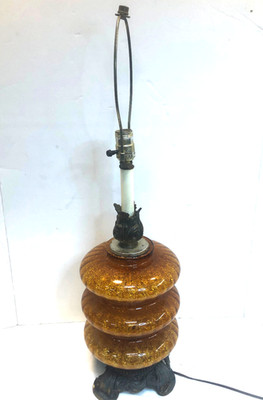 Vintage Amber Glass, Bead, and Brass Hollywood Regency Lamp MCM Mid Century