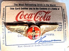 COCA COLA WING PIN BADGE on original card, Mint. Airline type wing 2in X 3/4in