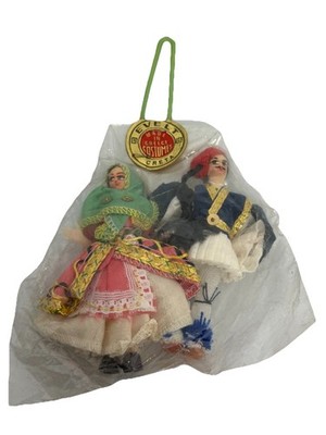 Vintage EVELT Greek Souvenir Dolls Pair CRETE Costume In Original Plastic Sealed