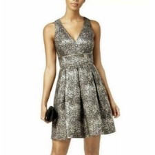 GUESS Sz 4 Metallic Black Gold Party Cocktail Dress V Neck