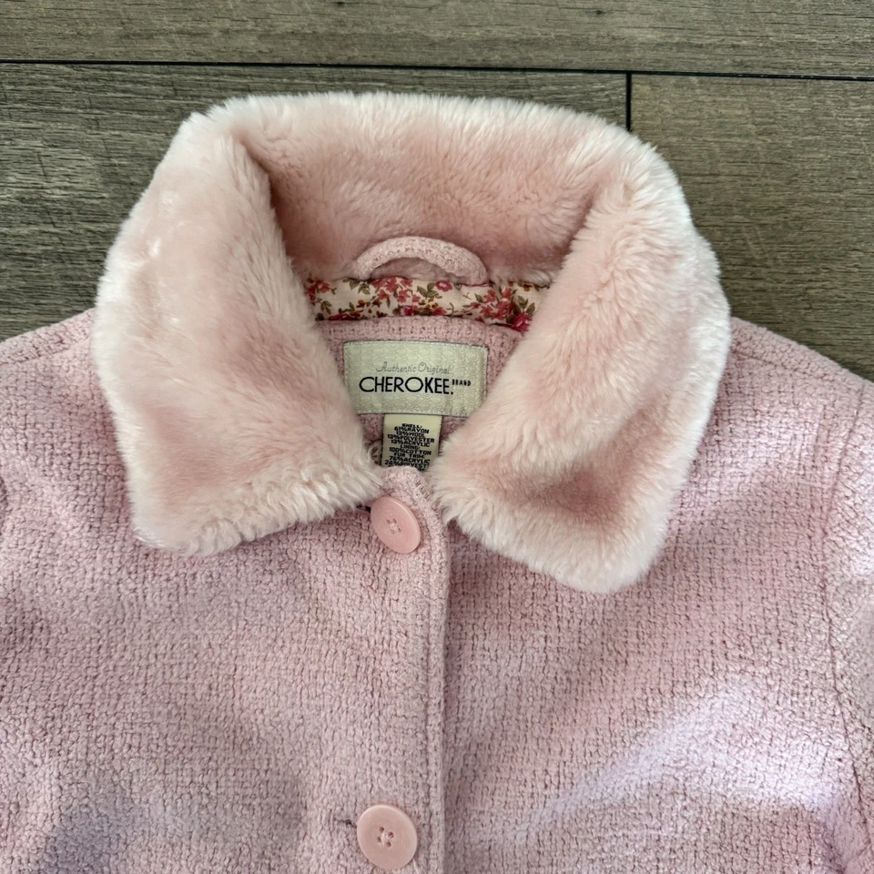 Abrigo de vestir de colección Cherokee rosa mezcla de lana imitación piel cuello floral niñas grande Foto 2 de 4
