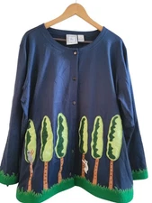 Michael Simon Lite Blue Cardigan Plus size 1X cats animals trees print Art