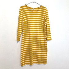 OLD NAVY Heavy Knit Shift Dress Yellow White Striped 3/4 Sleeve Cotton Medium M