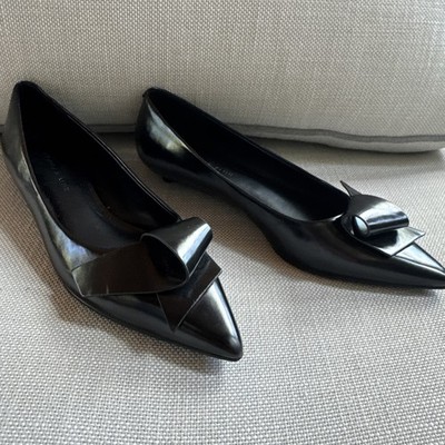 Charles & Keith Black Pointed Toe Tiny Kitten Heels Bow Slip On Euro 35 6 231
