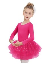 Girls Ballet Leotards 4-Layers Tiered Long Sleeve Dance Tutu 4-5T Hot Pink