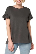 LOGO by Lori Goldstein Women's 100% Cotton Ruffle Slv Tee Phantom