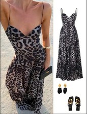 Women’s Elegant V-Neck Maxi Dress with Leopard Print Sleeveless Long Gown Party