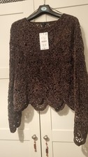 BNWT Zara Chocolate Brown Crochet Knit Jumper Top Chenille L LARGE 