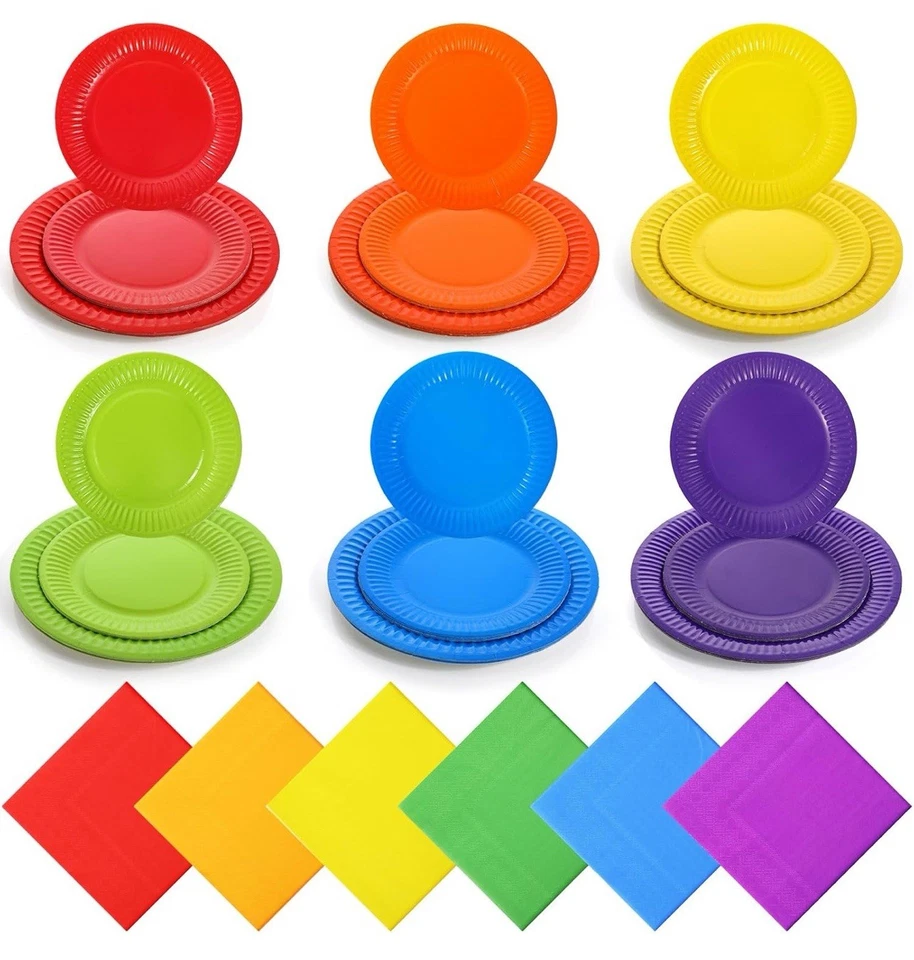 Juego de 180 platos y servilletas de papel arco iris para 60 invitados fiesta arco iris neón... Foto 3 de 4