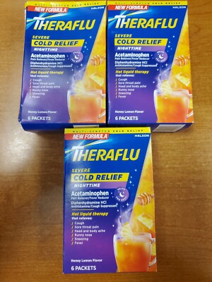 3 Boxes: Thera Flu Severe Cold Nighttime Honey Lemon Packets 6ct ea Ex 10/26 E6C