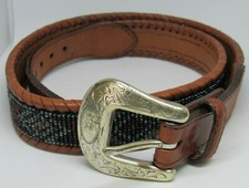 VINTAGE Belt Buckle LEATHER 30" BOHO HIPPIE FULL BEADS ETHNIC PATTERN WESTERN