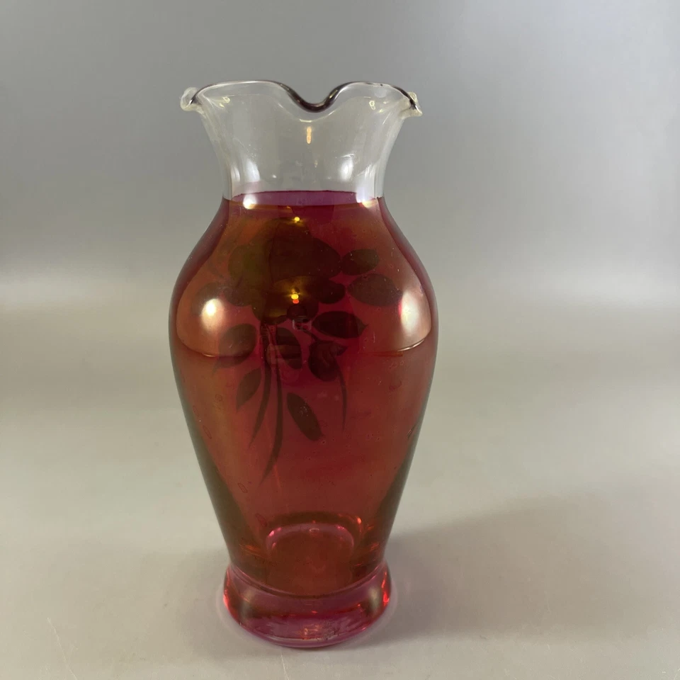 Westmoreland Glass Ruby Flash Red Vase Hand Painted Rose 5.5 In. Tall Vintage - Image 3 of 4