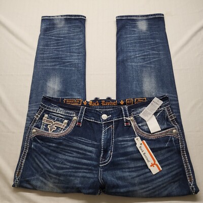 New Rock Revival Jeans Mens 40/34 Foxx Straight Stretch Denim Embellished Logo