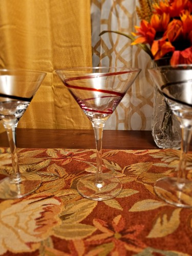Pier 1 Martini Cocktail Glasses Clear With Black Swirl Set 2 & 1 Red Swirl - Picture 8 of 10