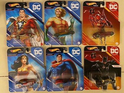 Hot Wheels DC Character Cars Flash Batman Shazam Superman Wonder Aquaman pk of 6