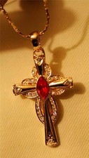 Sparkling Red Rhinestone Open Scalloped Goldtone Cross Pendant Necklace