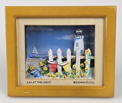 Donna Elias 2003 Day At The Light 3D Shadow Box Art Ocean Lighthouse Beach Scene