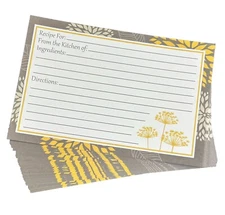 Darice Recipe Cards - Yellow & Grey Lot of 40- 4 x 6 Kitchen Food Baking Cooking