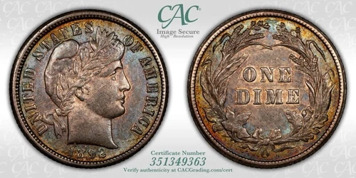 1892-O Barber Dime CACG AU-55 CAC - Very Colorful Piece!