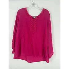 Counterparts Womens Pink Crochet Trim Tunic Top Long Sleeve Size L