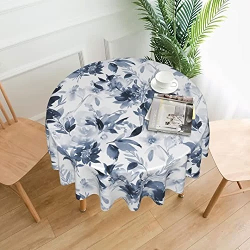 Navy Tablecloth Round 60 Inch, Dark Blue and White 60" (Round) Blue Floral - Image 3 of 4