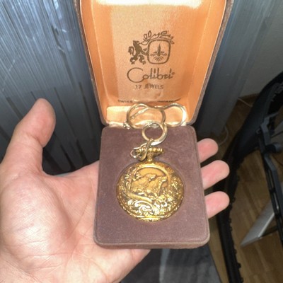 Colibri Taschenuhr Savonnette 17 Steine Handaufzug vergoldet Box Kette