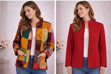 Reversible Kantha Quilted Jacket Women  s Boho Patchwork Red Solid Cotton Coat