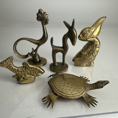 Lot 5 Vintage Brass Figurines Miniature Mini Figures Folk Art Giraffe Kangaroo