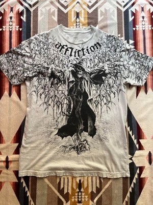 KORN x Affliction Kurzarm T-Shirt Größe M Weiß USA Rock Band Vintage