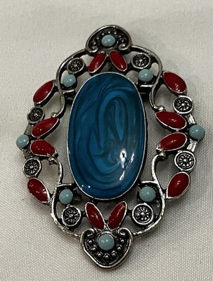 Faux Turquoise Red Zuni Style Coral Silver Tone Pendant Southwest Rodeo Jewelry