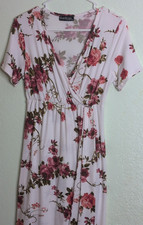 Duet Time Floral Pink Wrap Dress V-Neck Short Sleeve Hi-Low Stretch M