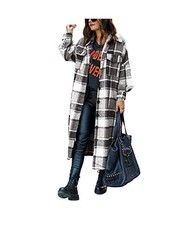 shownicer Damen Kariertes Taschen Knöpfen Langarm Oversize Bluse Mantel Lange J