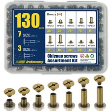 130 Sets Bronze Chicago Screws Leather Rivets Kit, 7 Sizes M5 4,5,6,8,10,12,15 
