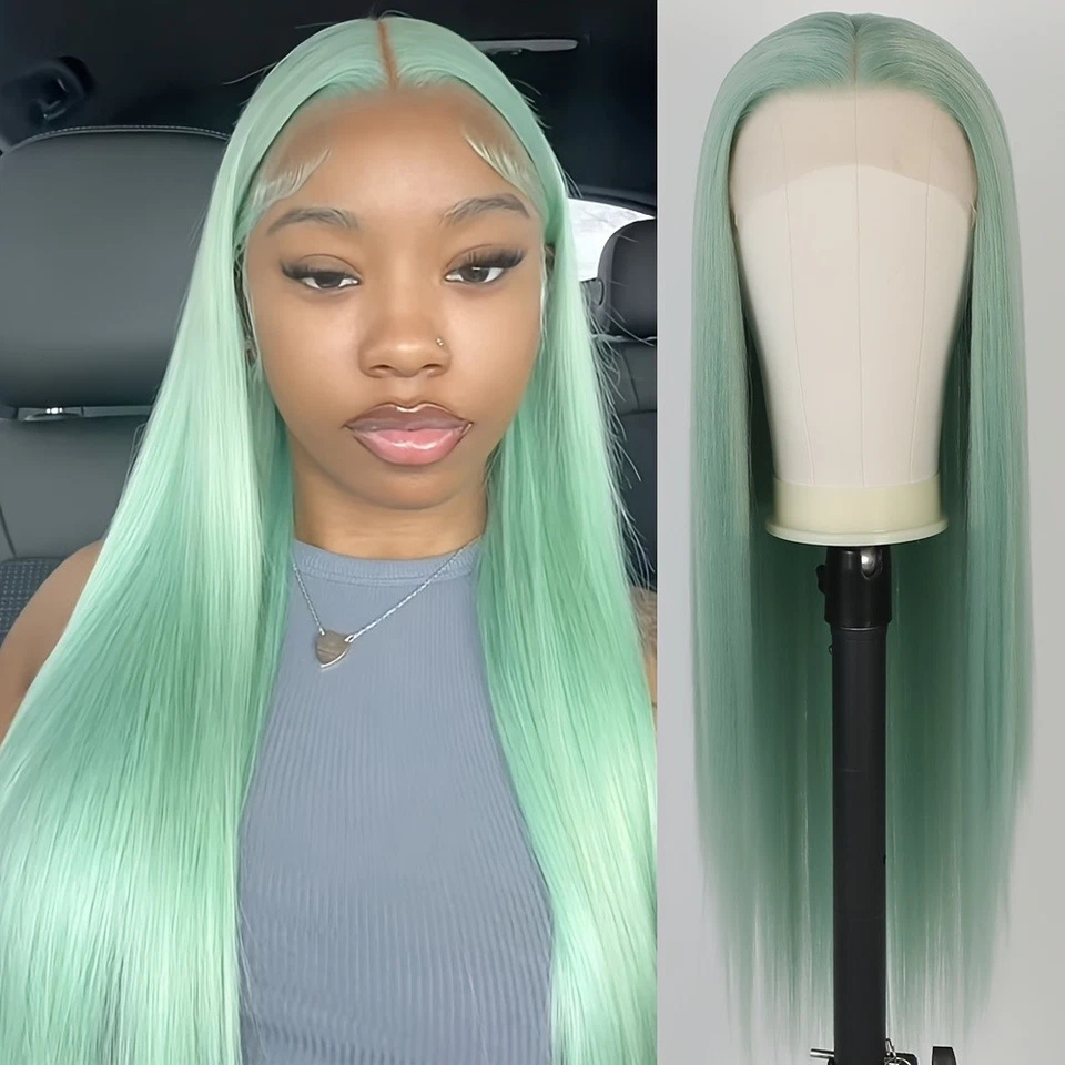Pelucas frontales de encaje verde claro cabello largo liso 13x4 línea de cabello natural pre arrancada Foto 2 de 4