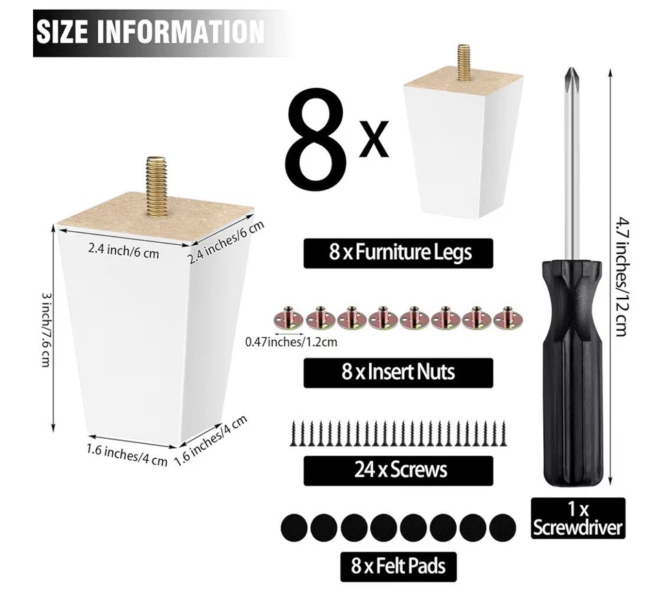 Juego de 8 patas cuadradas de sofá de madera maciza de 0,3 pulgadas para muebles de madera blanca Foto 2 de 3