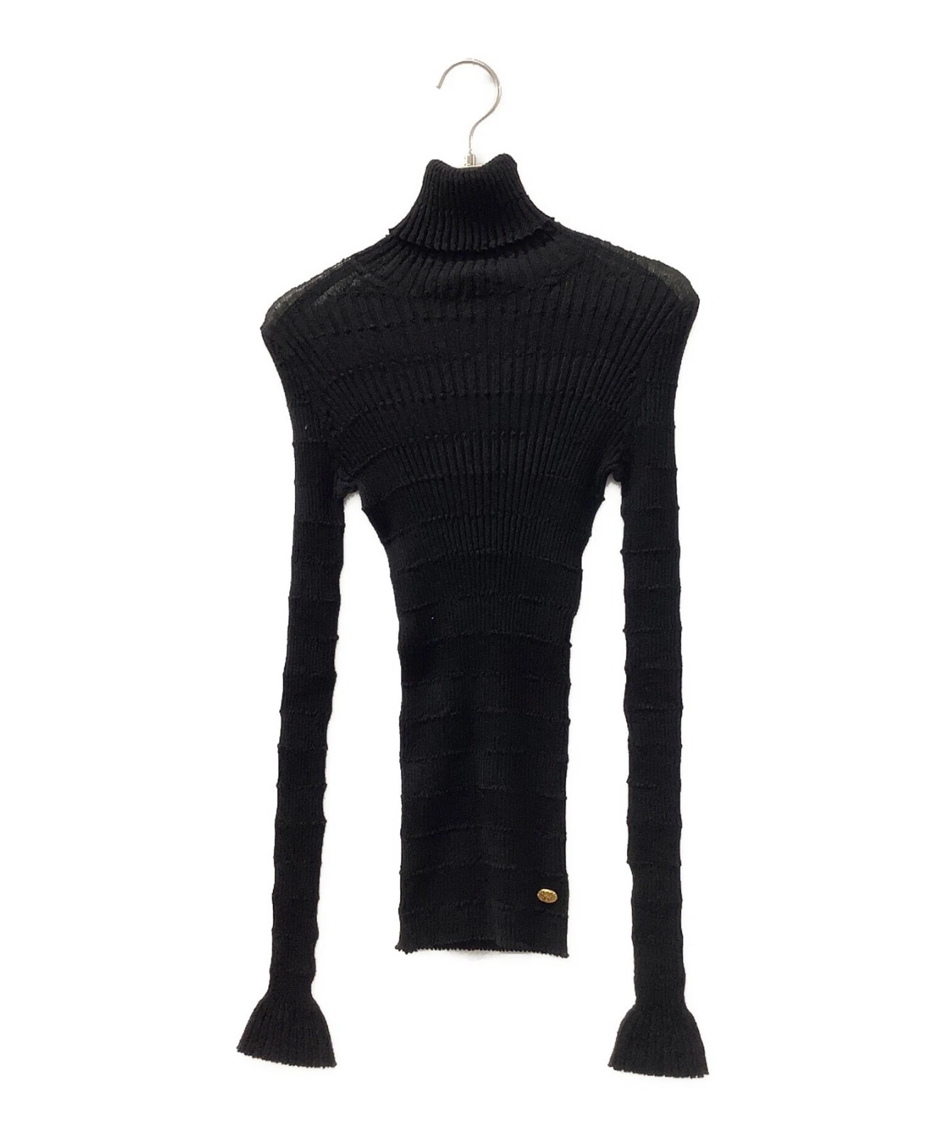 Chanel — CHANEL Authentic Women's Turtle Neck Knit Top Black Long Sleeves Sweater Button